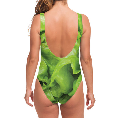Green Lettuce Leaves Print One Piece Swimsuit