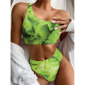 Green Lettuce Leaves Print One Shoulder Bikini Set