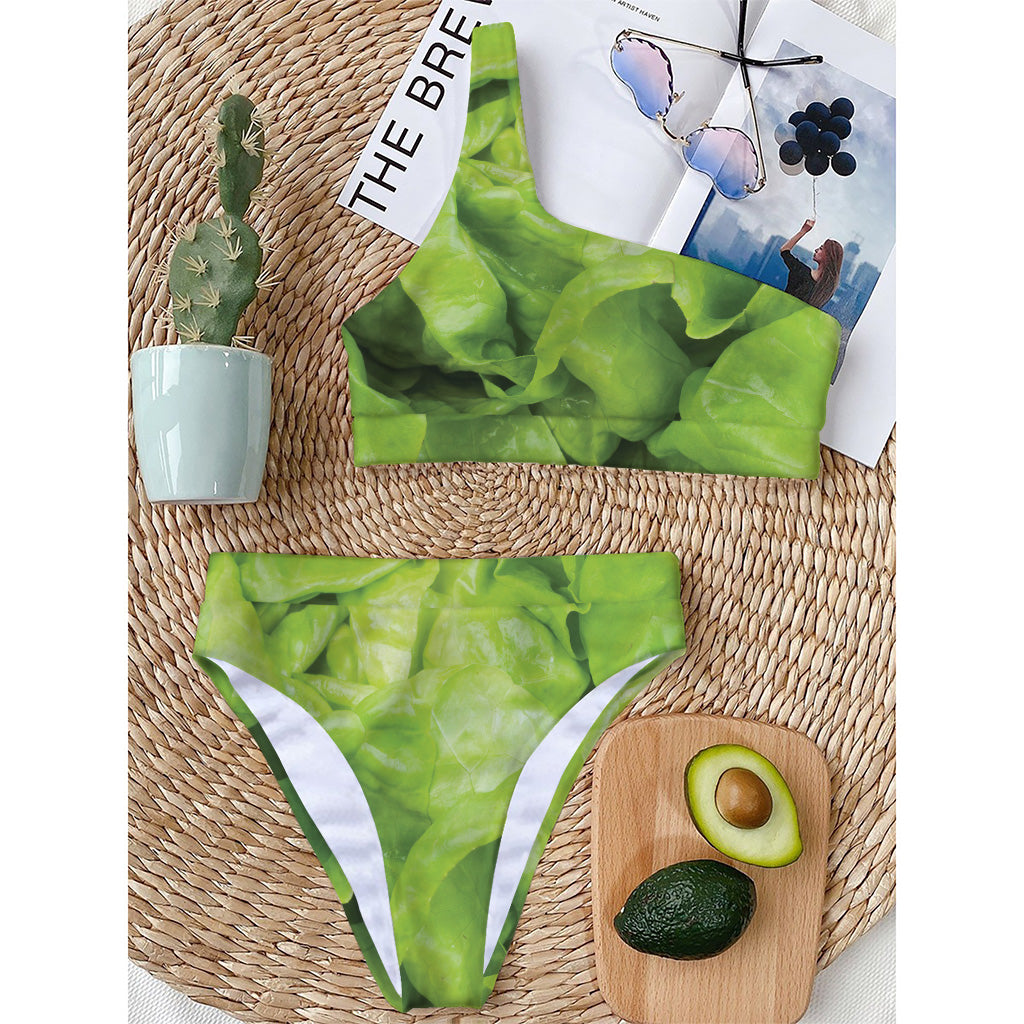 Green Lettuce Leaves Print One Shoulder Bikini Top