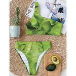 Green Lettuce Leaves Print One Shoulder Bikini Top