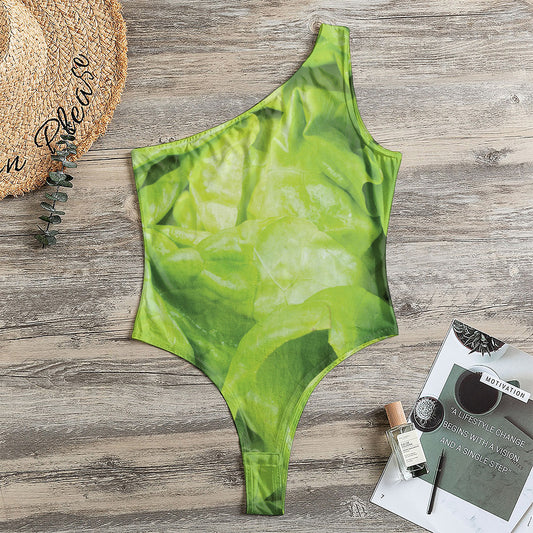 Green Lettuce Leaves Print One Shoulder Bodysuit