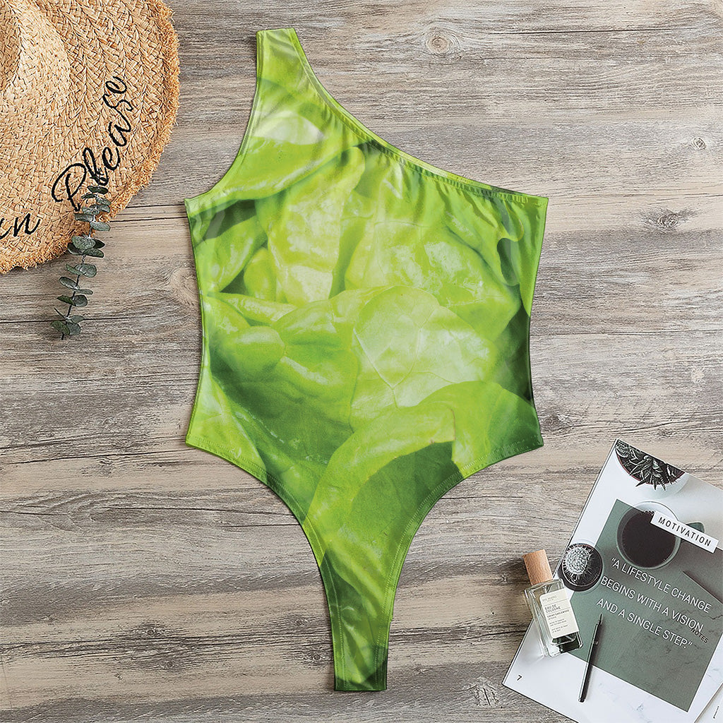 Green Lettuce Leaves Print One Shoulder Bodysuit