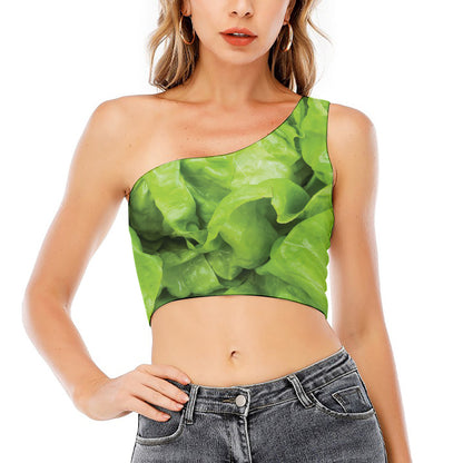 Green Lettuce Leaves Print One Shoulder Crop Top