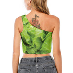 Green Lettuce Leaves Print One Shoulder Crop Top