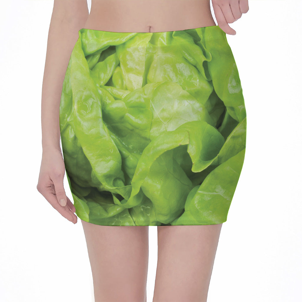 Green Lettuce Leaves Print Pencil Mini Skirt