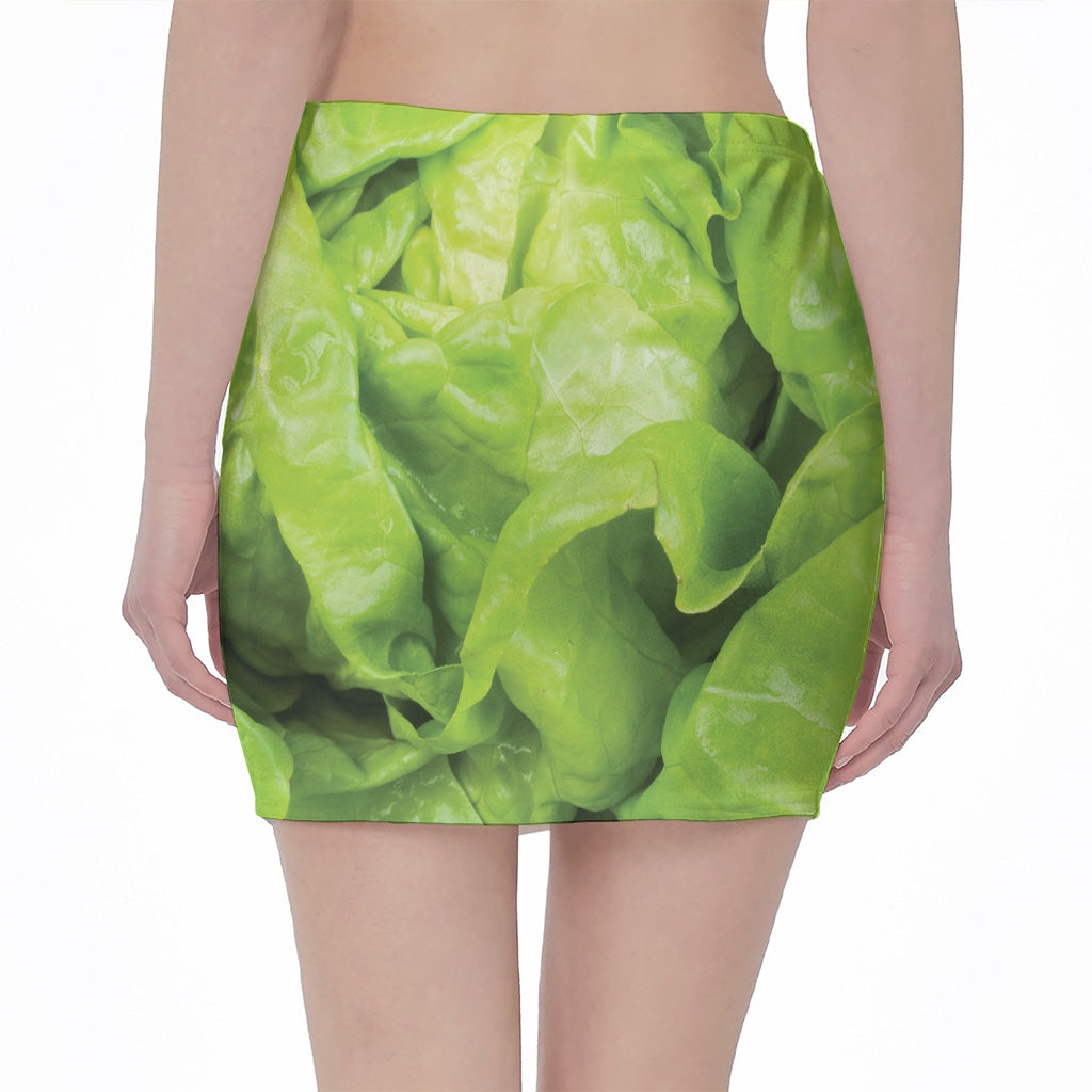Green Lettuce Leaves Print Pencil Mini Skirt