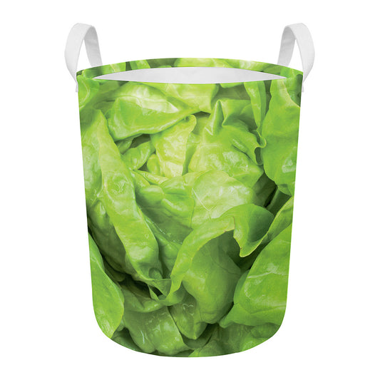 Green Lettuce Leaves Print Round Laundry Basket