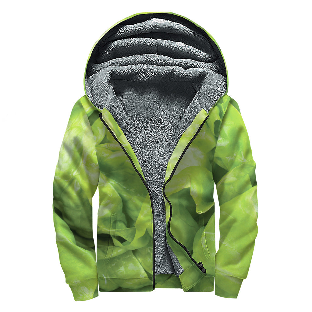 Green Lettuce Leaves Print Sherpa Lined Zip Up Hoodie