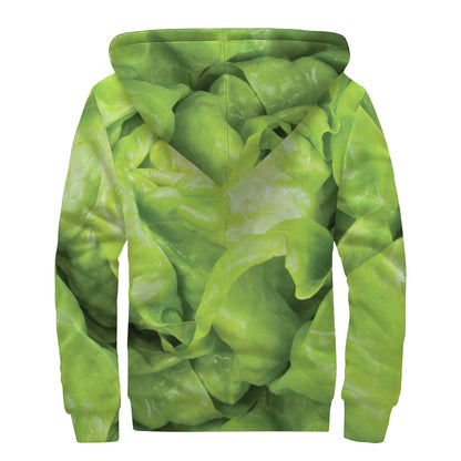 Green Lettuce Leaves Print Sherpa Lined Zip Up Hoodie