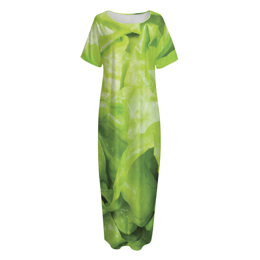 Green Lettuce Leaves Print Short Sleeve Long Nightdress