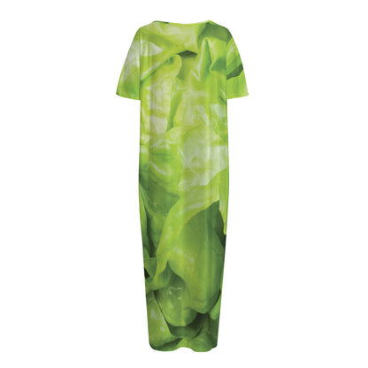 Green Lettuce Leaves Print Short Sleeve Long Nightdress