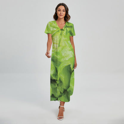 Green Lettuce Leaves Print Short Sleeve Maxi Dress