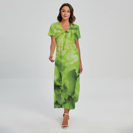 Green Lettuce Leaves Print Short Sleeve Maxi Dress