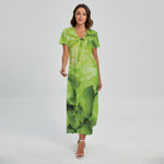 Green Lettuce Leaves Print Short Sleeve Maxi Dress