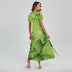 Green Lettuce Leaves Print Short Sleeve Maxi Dress