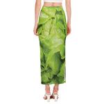 Green Lettuce Leaves Print Side Slit Maxi Skirt