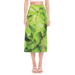 Green Lettuce Leaves Print Side Slit Midi Skirt
