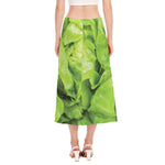 Green Lettuce Leaves Print Side Slit Midi Skirt