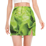 Green Lettuce Leaves Print Side Slit Mini Skirt