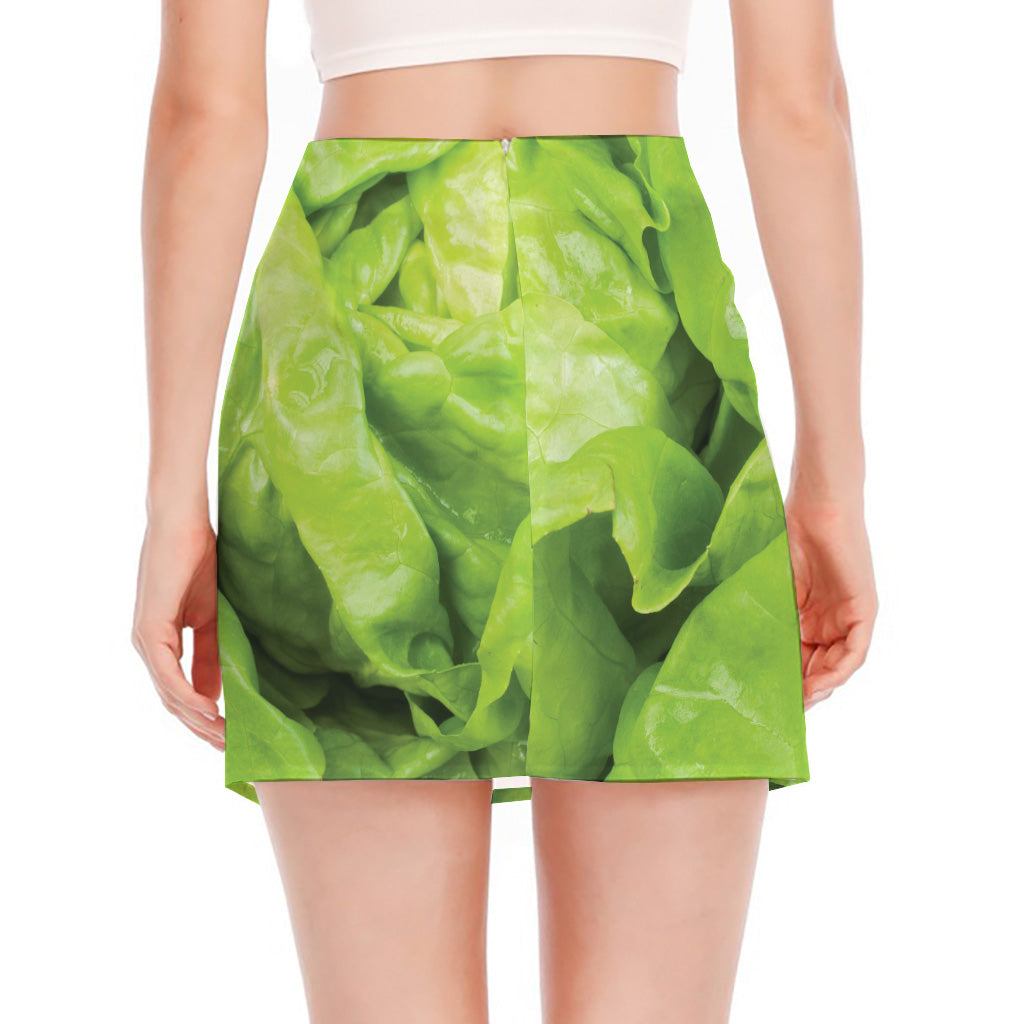 Green Lettuce Leaves Print Side Slit Mini Skirt