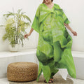 Green Lettuce Leaves Print Silk V-Neck Kaftan Dress