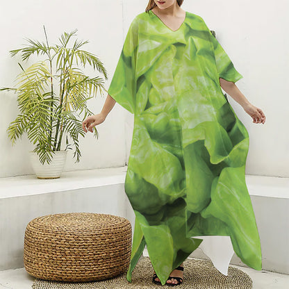 Green Lettuce Leaves Print Silk V-Neck Kaftan Dress