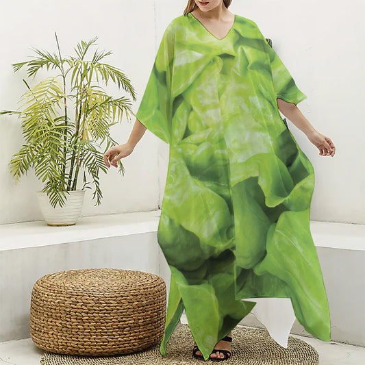 Green Lettuce Leaves Print Silk V-Neck Kaftan Dress