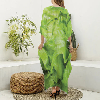 Green Lettuce Leaves Print Silk V-Neck Kaftan Dress