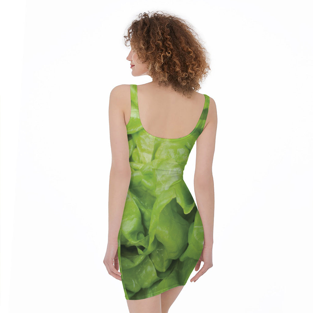Green Lettuce Leaves Print Sleeveless Bodycon Dress