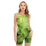 Green Lettuce Leaves Print Sleeveless One Piece Swimsuit