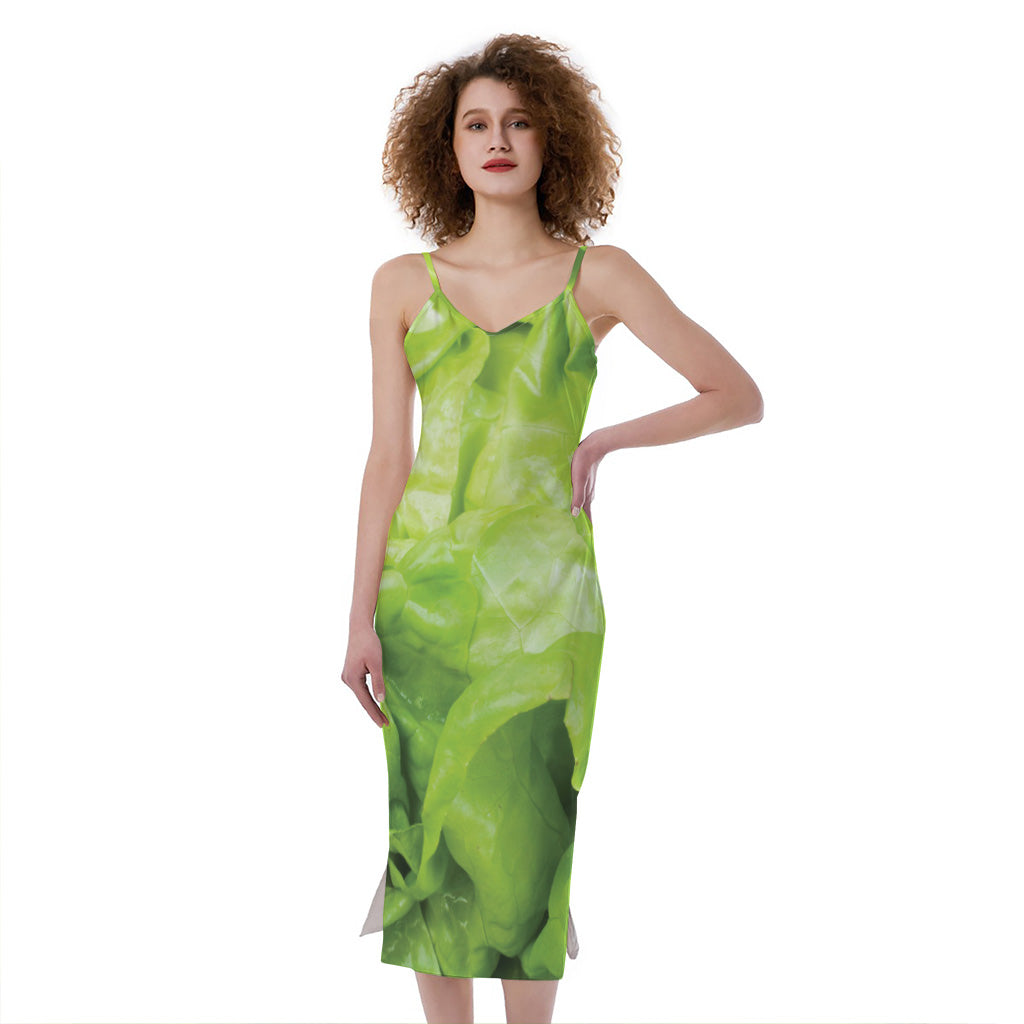 Green Lettuce Leaves Print Slim Fit Midi Cami Dress