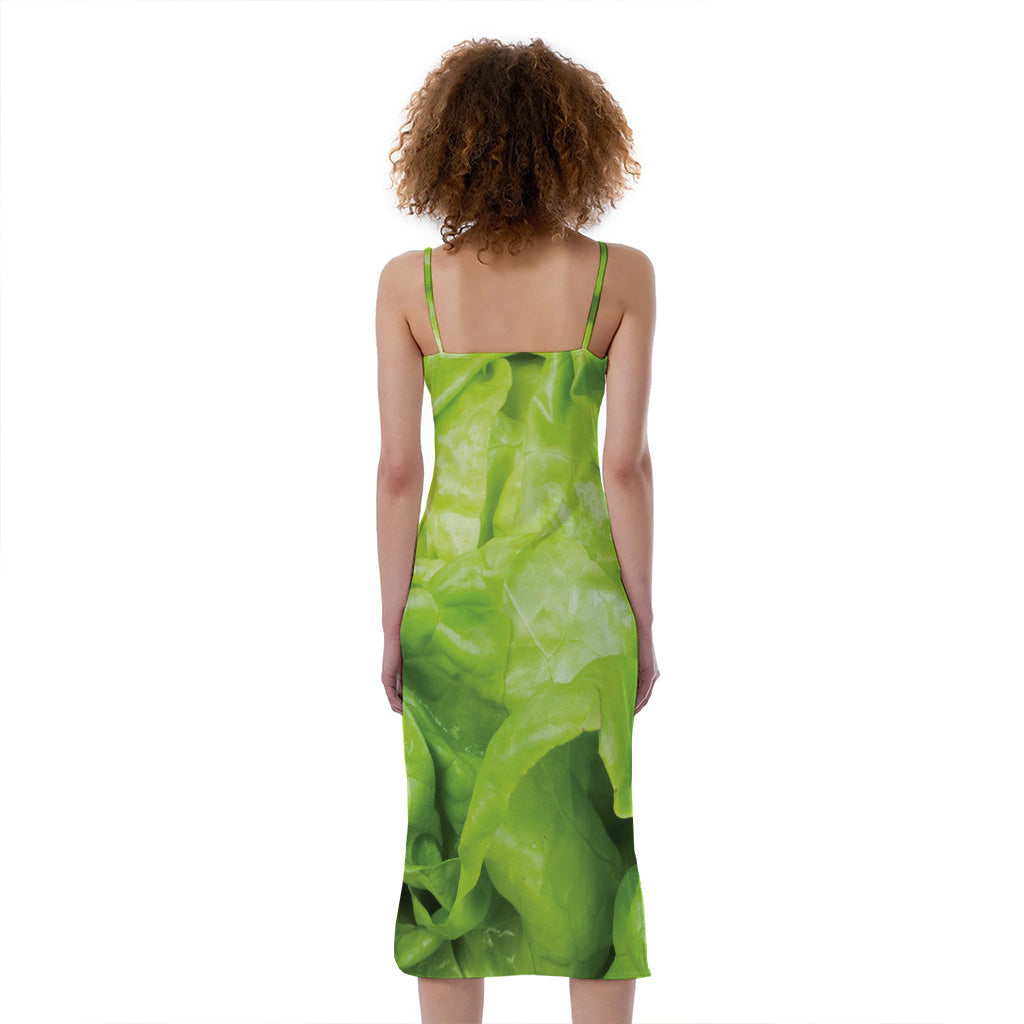 Green Lettuce Leaves Print Slim Fit Midi Cami Dress