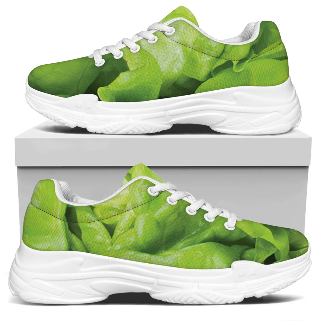 Green Lettuce Leaves Print White Chunky Shoes
