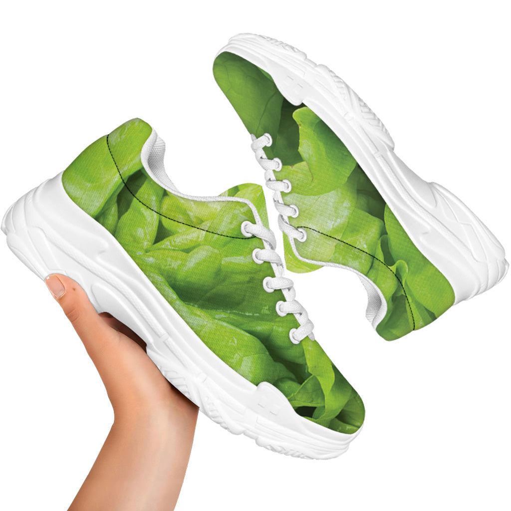 Green Lettuce Leaves Print White Chunky Shoes