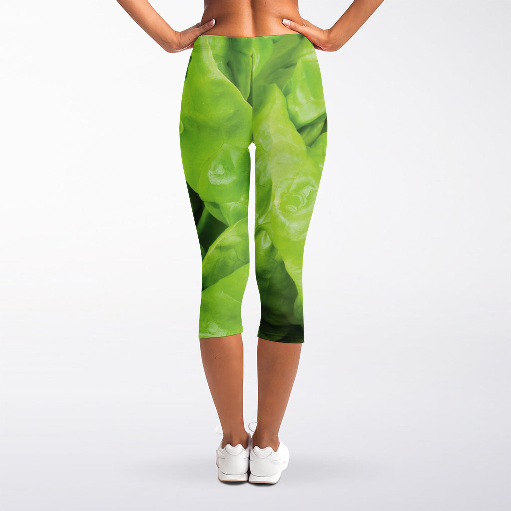 Green Lettuce Leaves Print Women's Capri Leggings