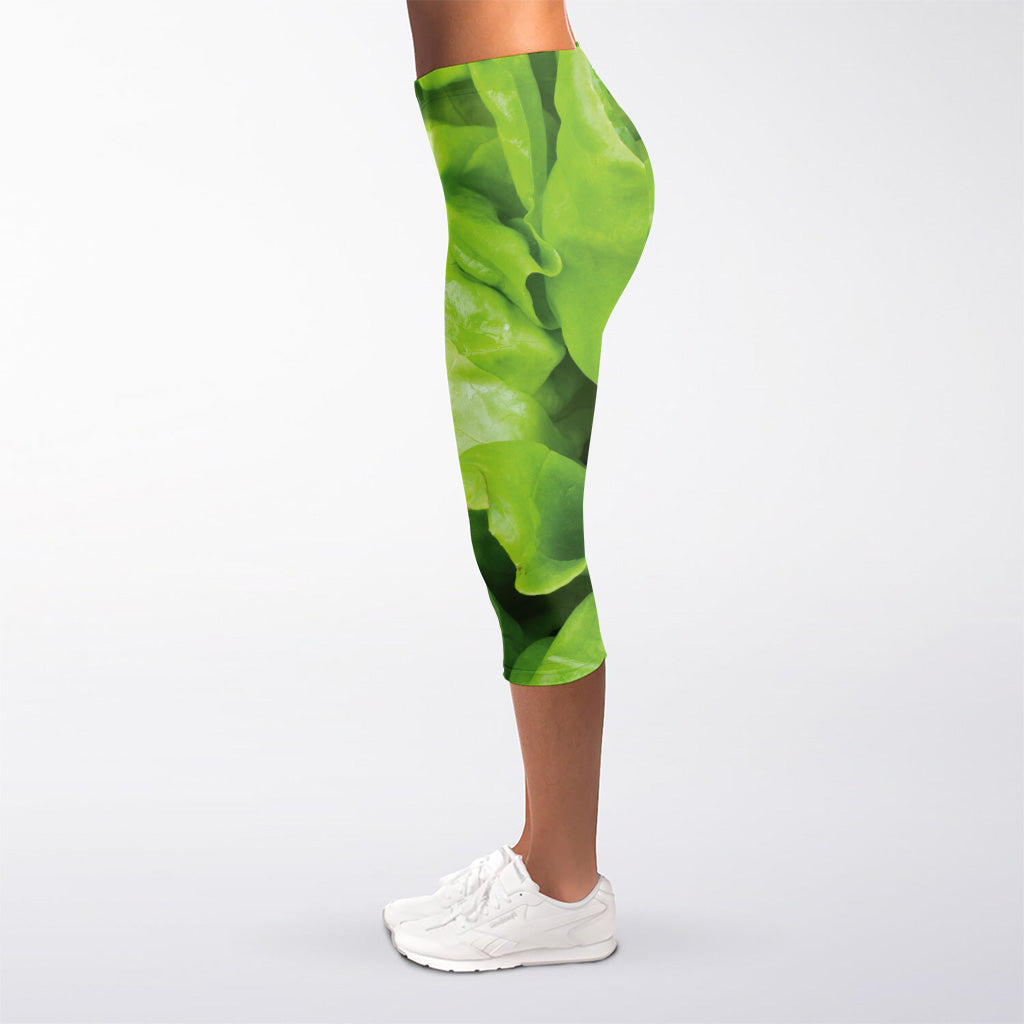 Green Lettuce Leaves Print Women's Capri Leggings