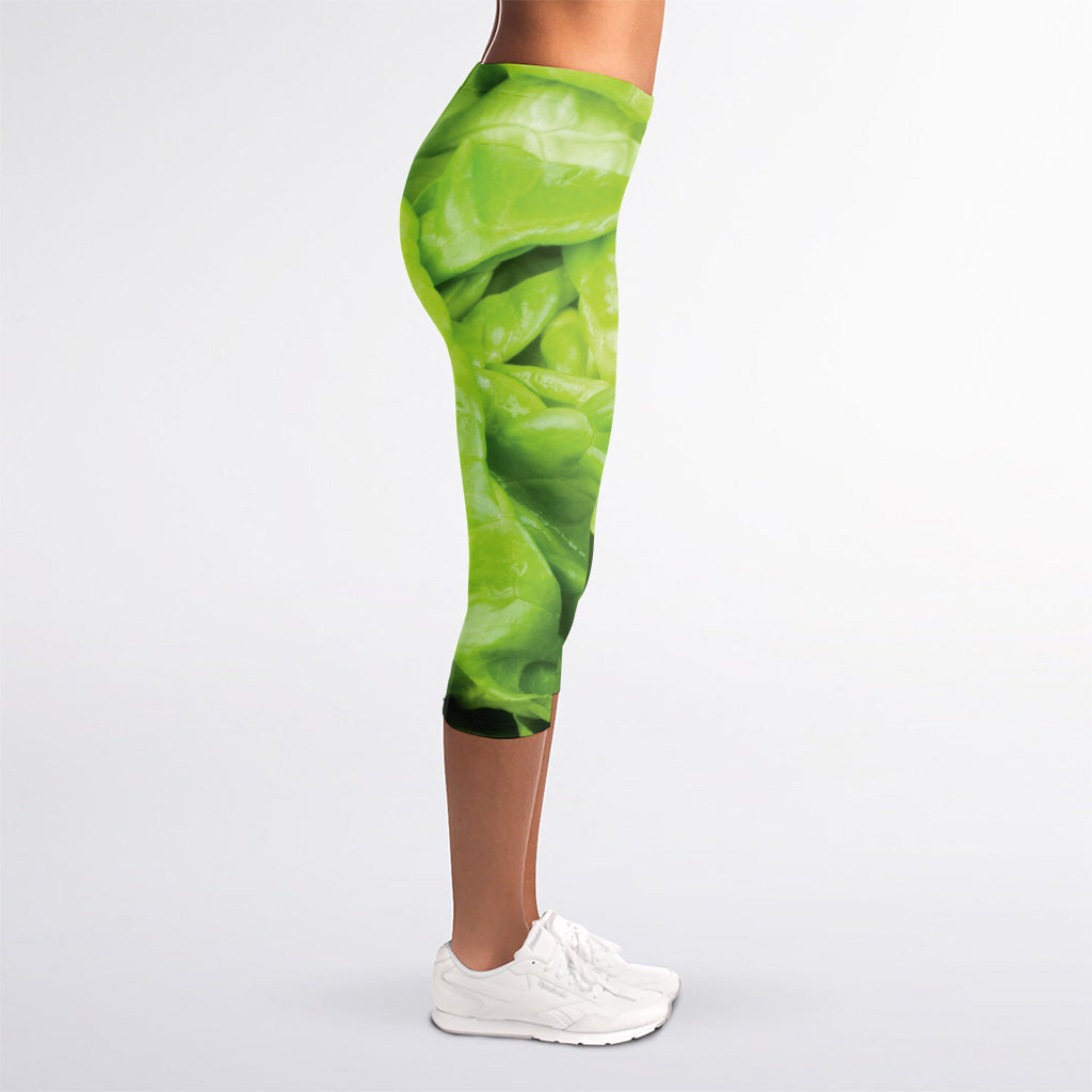 Green Lettuce Leaves Print Women's Capri Leggings