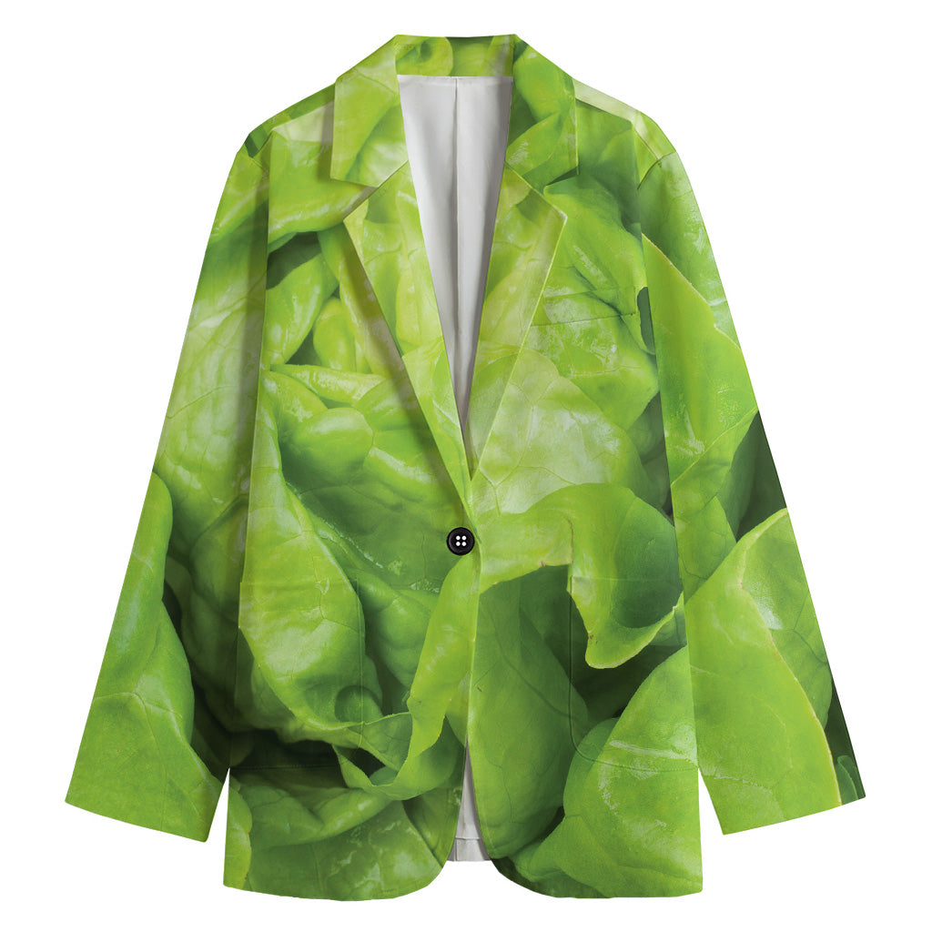 Green Lettuce Leaves Print Women's Cotton Blazer