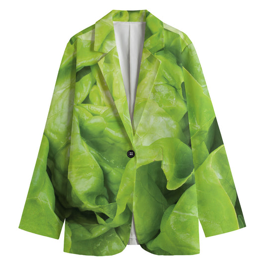 Green Lettuce Leaves Print Women's Cotton Blazer