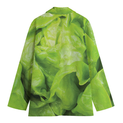 Green Lettuce Leaves Print Women's Cotton Blazer