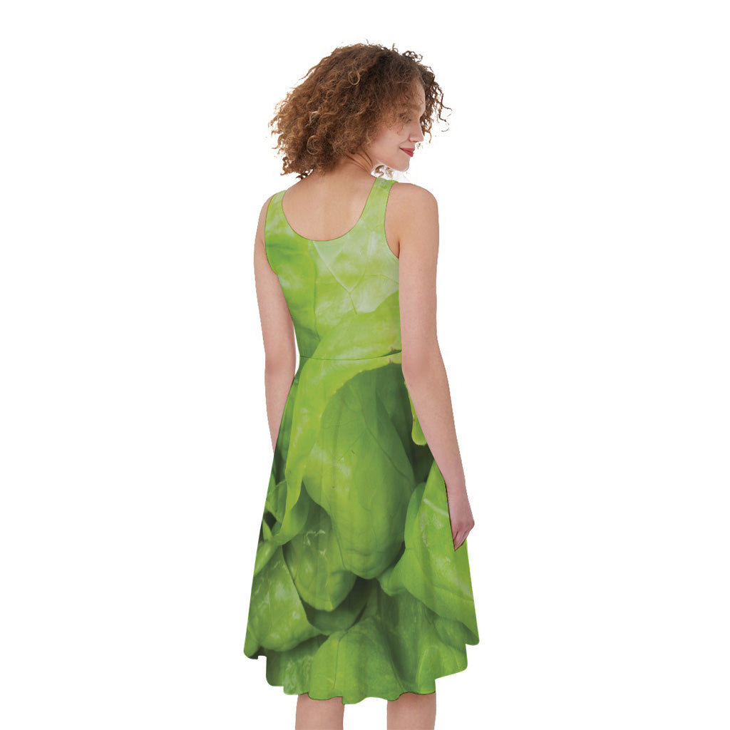 Green Lettuce Leaves Print Women's Sleeveless Dress