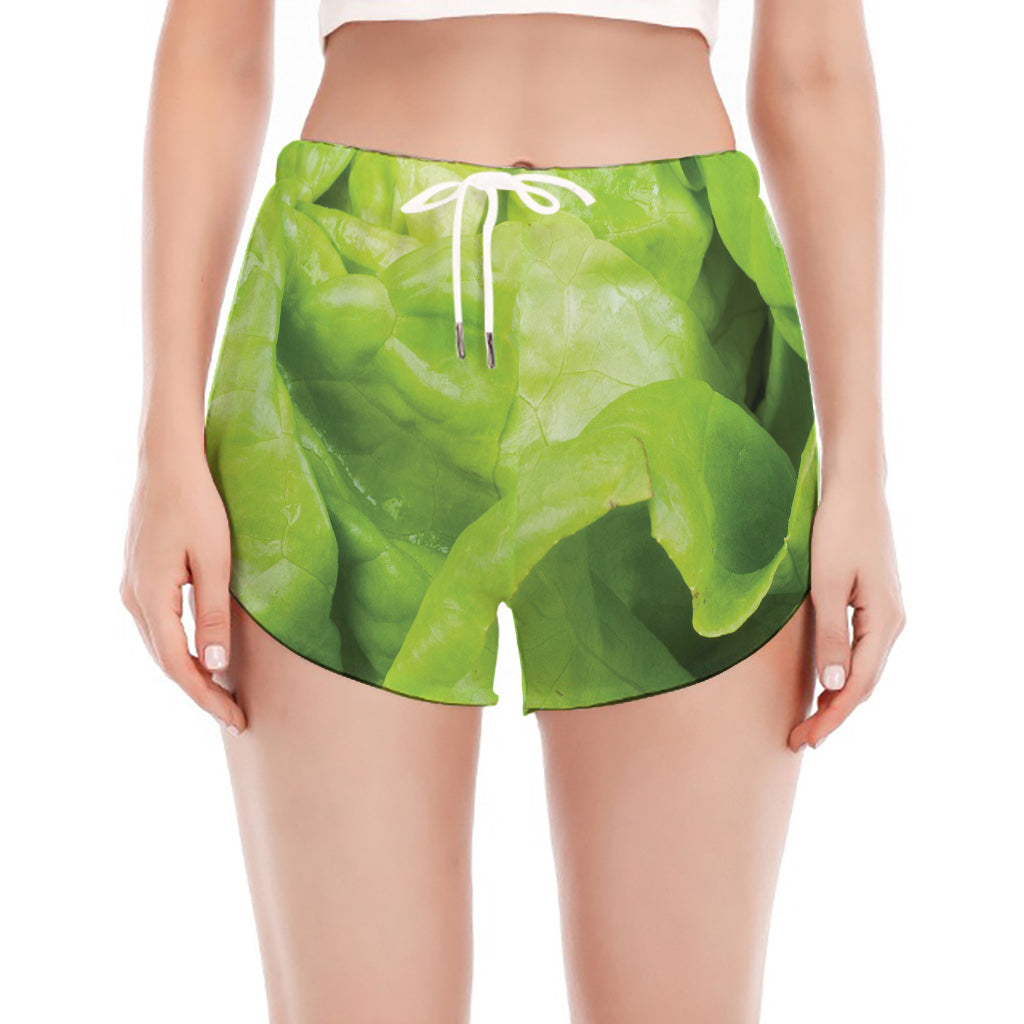 Green Lettuce Leaves Print Women's Split Running Shorts