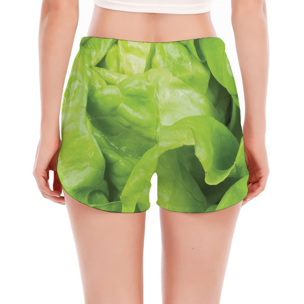 Green Lettuce Leaves Print Women's Split Running Shorts