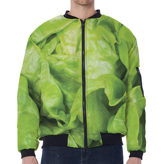 Green Lettuce Leaves Print Zip Sleeve Bomber Jacket