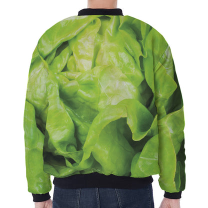 Green Lettuce Leaves Print Zip Sleeve Bomber Jacket