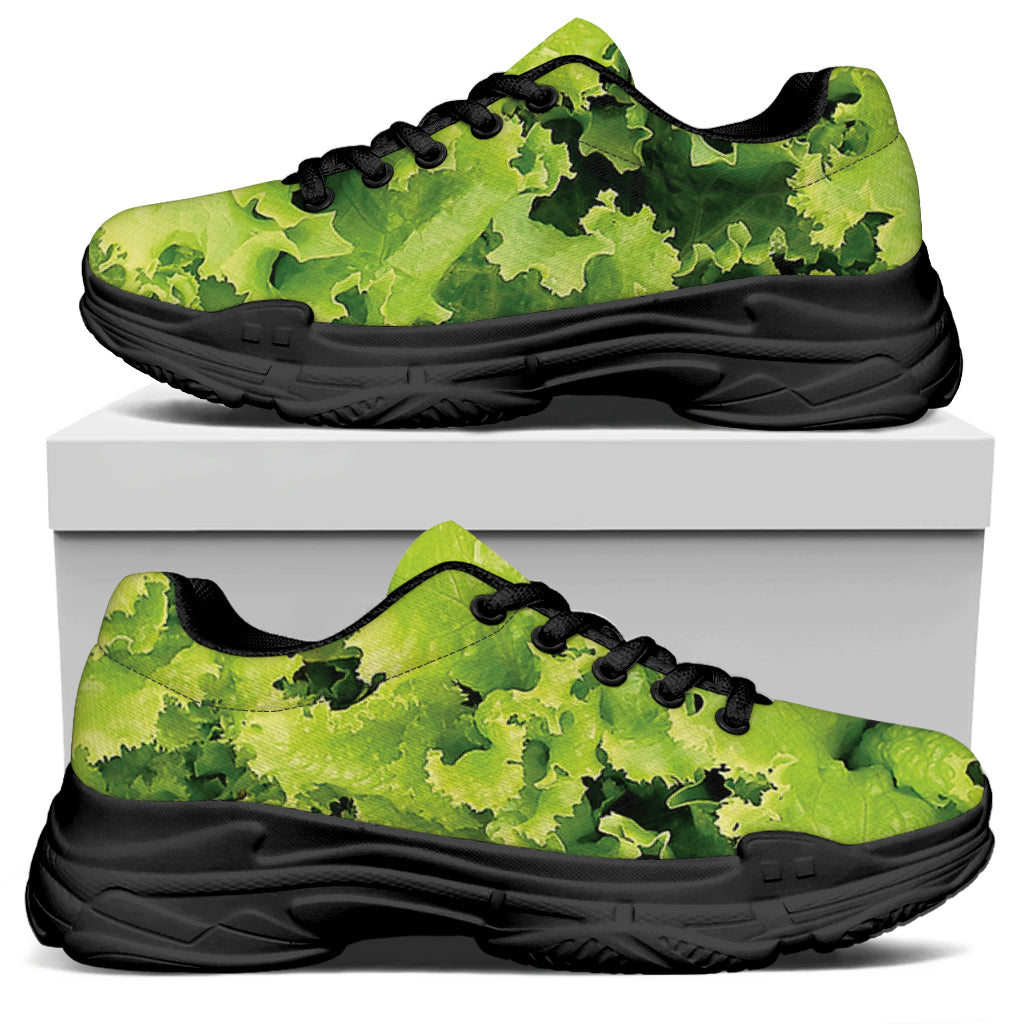 Green Lettuce Salad Print Black Chunky Shoes