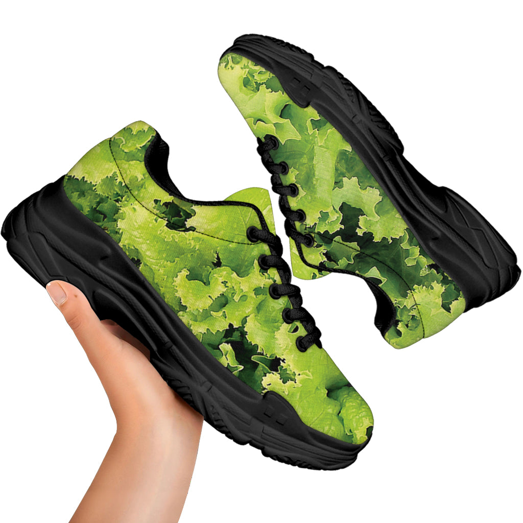 Green Lettuce Salad Print Black Chunky Shoes