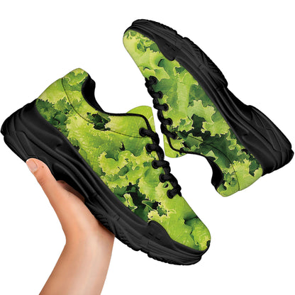 Green Lettuce Salad Print Black Chunky Shoes
