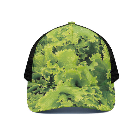 Green Lettuce Salad Print Black Mesh Trucker Cap