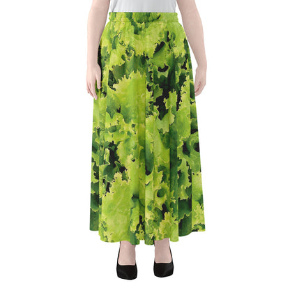 Green Lettuce Salad Print Chiffon Maxi Skirt